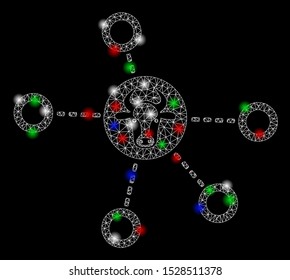 Bright mesh cow relations with glare effect. White wire frame polygonal mesh in vector format on a black background. Abstract 2d mesh designed with triangles, small circle, colorful flare spots.