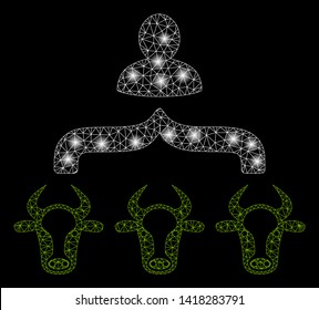 Bright mesh cow shepherd with glare effect. Abstract illuminated model of cow shepherd icon. Shiny wire carcass triangular mesh cow shepherd abstraction in vector format on a black background.