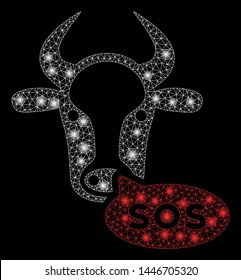 Bright mesh cow sos message with glare effect. Abstract illuminated model of cow sos message icon. Shiny wire frame polygonal mesh cow sos message abstraction in vector format on a black background.