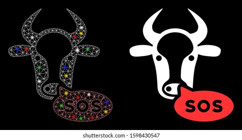 Bright mesh cow sos message icon with sparkle effect. Abstract illuminated model of cow sos message. Shiny wire carcass polygonal mesh cow sos message icon. Vector abstraction on a black background.