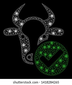 Bright mesh cow valid with glare effect. Abstract illuminated model of cow valid icon. Shiny wire frame triangular mesh cow valid abstraction in vector format on a black background.