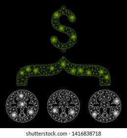 Bright mesh cows result dollar with lightspot effect. Abstract illuminated model of cows result dollar icon.