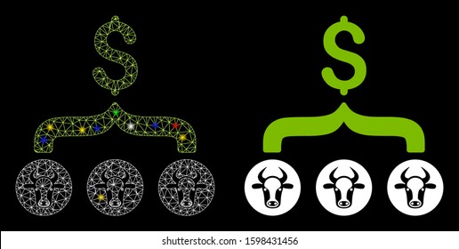 Bright mesh cows result dollar icon with sparkle effect. Abstract illuminated model of cows result dollar. Shiny wire frame triangular mesh cows result dollar icon.