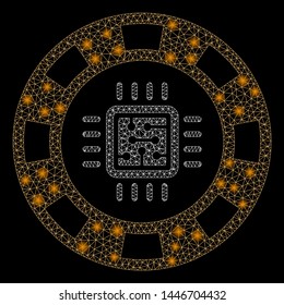 Bright mesh CPU casino chip with glare effect. Abstract illuminated model of CPU casino chip icon. Shiny wire frame polygonal mesh CPU casino chip abstraction in vector format on a black background.