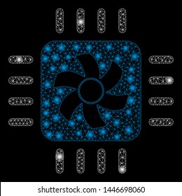 Bright mesh CPU cooler with glare effect. Abstract illuminated model of CPU cooler icon. Shiny wire frame triangular mesh CPU cooler abstraction in vector format on a black background.