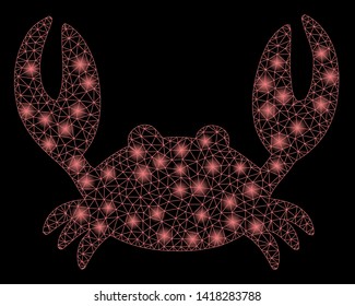 Bright mesh crab with glare effect. Abstract illuminated model of crab icon. Shiny wire frame polygonal mesh crab abstraction in vector format on a black background.