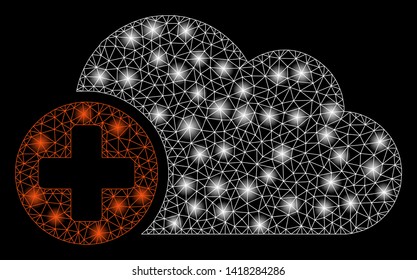 Bright mesh create cloud with glare effect. Abstract illuminated model of create cloud icon. Shiny wire carcass polygonal mesh create cloud abstraction in vector format on a black background.