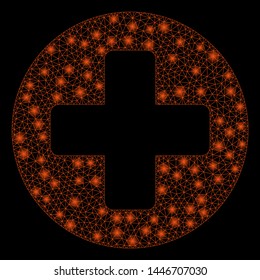 Bright mesh create cross with glare effect. Abstract illuminated model of create cross icon. Shiny wire frame polygonal network create cross abstraction in vector format on a black background.