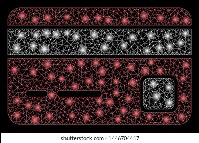 Bright mesh credit card with glare effect. Abstract illuminated model of credit card icon. Shiny wire frame triangular mesh credit card abstraction in vector format on a black background.