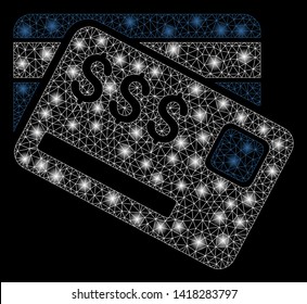 Bright mesh credit cards with glare effect. Abstract illuminated model of credit cards icon. Shiny wire frame polygonal mesh credit cards abstraction in vector format on a black background.