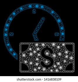 Bright mesh credit with glare effect. Abstract illuminated model of credit icon. Shiny wire frame triangular mesh credit abstraction in vector format on a black background.