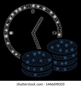 Bright mesh credit with glow effect. Abstract illuminated model of credit icon. Shiny wire frame triangular mesh credit abstraction in vector format on a black background.