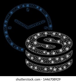 Bright mesh credit with glow effect. Abstract illuminated model of credit icon. Shiny wire frame triangular mesh credit abstraction in vector format on a black background.