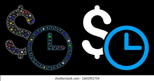Bright mesh credit icon with glitter effect. Abstract illuminated model of credit. Shiny wire frame triangular mesh credit icon. Vector abstraction on a black background.