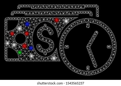 Bright mesh credit with lightspot effect. White wire frame triangular network in vector format on a black background. Abstract 2d mesh designed with triangular lines, round dots, colorful flash spots.