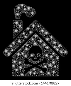 Bright mesh crematory building with lightspot effect. Abstract illuminated model of crematory building icon.