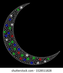 Bright mesh crescent with glare effect. White wire frame polygonal mesh in vector format on a black background. Abstract 2d mesh designed with polygonal grid, points, colorful glare spots.