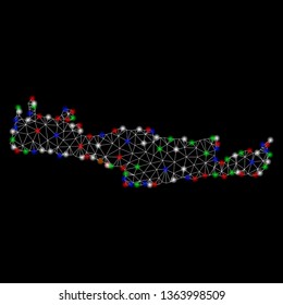Bright mesh Crete Island map with lightspot effect. Wire carcass polygonal mesh in vector format on a black background. Abstract 2d mesh created from triangular lines, dots, colored light spots.