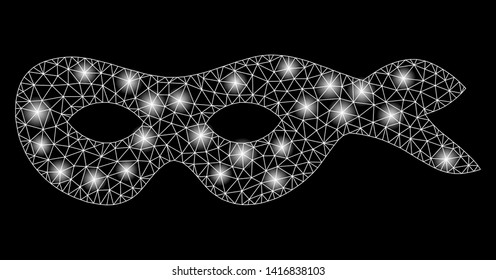 Bright mesh crime mask with glare effect. Abstract illuminated model of crime mask icon. Shiny wire carcass triangular mesh crime mask abstraction in vector format on a black background.
