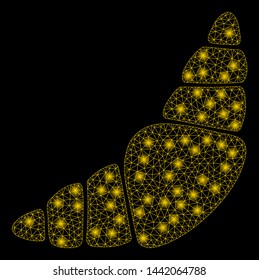 Bright mesh croissant with glare effect. Abstract illuminated model of croissant icon. Shiny wire frame triangular network croissant abstraction in vector format on a black background.