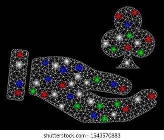 Bright mesh croupier hand with glare effect. White wire carcass triangular mesh in vector format on a black background. Abstract 2d mesh designed with triangular lines, round dots,
