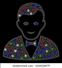 Bright mesh croupier manager with glare effect. White wire frame triangular mesh in vector format on a black background. Abstract 2d mesh designed with polygonal grid, small circle,