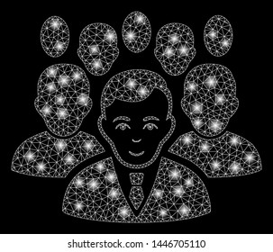 Bright mesh crowd with glow effect. Abstract illuminated model of crowd icon. Shiny wire carcass polygonal mesh crowd abstraction in vector format on a black background.