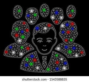 Bright mesh crowd with glow effect. White wire carcass polygonal mesh in vector format on a black background. Abstract 2d mesh created from polygonal grid, dots, colored glare spots.