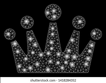 Bright mesh crown with lightspot effect. Abstract illuminated model of crown icon. Shiny wire carcass triangular mesh crown abstraction in vector format on a black background.