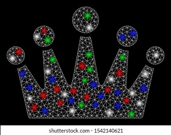 Bright mesh crown with lightspot effect. White wire carcass triangular mesh in vector format on a black background. Abstract 2d mesh designed with triangular lines, points, colored light spots.
