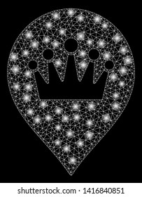 Bright mesh crown marker with glare effect. Abstract illuminated model of crown marker icon. Shiny wire carcass polygonal mesh crown marker abstraction in vector format on a black background.