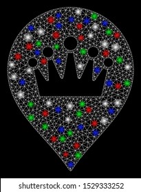 Bright mesh crown marker with glare effect. White wire frame polygonal mesh in vector format on a black background. Abstract 2d mesh designed with polygonal grid, spheric points, colored glare spots.