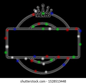Bright mesh crown round and rectangle frame with glare effect. White wire carcass polygonal mesh in vector format on a black background. Abstract 2d mesh designed with triangular lines, dots,