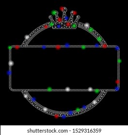 Bright mesh crown round and rectangle frame with lightspot effect. White wire frame triangular network in vector format on a black background. Abstract 2d mesh designed with triangular lines,