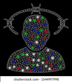 Bright mesh crown of thorns with lightspot effect. White wire carcass triangular mesh in vector format on a black background. Abstract 2d mesh designed with triangular lines, round dots,