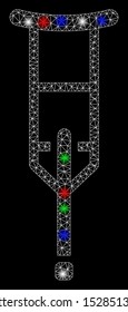 Bright mesh crutch with lightspot effect. White wire frame polygonal mesh in vector format on a black background. Abstract 2d mesh designed with polygonal grid, small circle, colored flash spots.