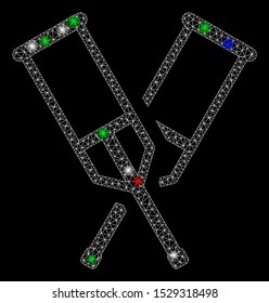 Bright mesh crutches with glare effect. White wire frame polygonal mesh in vector format on a black background. Abstract 2d mesh designed with triangles, round dots, colored flare spots.