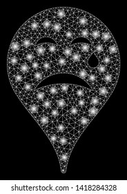 Bright mesh cry smiley map marker with glare effect. Abstract illuminated model of cry smiley map marker icon.