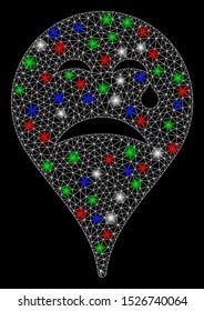 Bright mesh cry smiley map marker with glow effect. White wire carcass polygonal mesh in vector format on a black background. Abstract 2d mesh designed with polygonal grid, points,