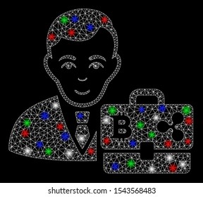 Bright mesh cryptocurrency accounter with glow effect. White wire carcass polygonal mesh in vector format on a black background. Abstract 2d mesh built from polygonal grid, points,