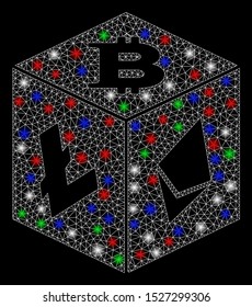Bright mesh cryptocurrency dice with glow effect. White wire frame polygonal mesh in vector format on a black background. Abstract 2d mesh designed with polygonal grid, small circle,
