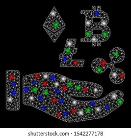 Bright mesh cryptocurrency investment hand with glare effect. White wire carcass polygonal mesh in vector format on a black background. Abstract 2d mesh designed with polygonal grid, spheric points,