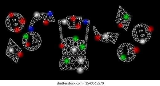 Bright mesh cryptocurrency mixer with glow effect. White wire carcass triangular mesh in vector format on a black background. Abstract 2d mesh built from triangular lines, points, colored glare spots.
