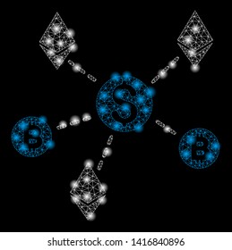 Bright mesh cryptocurrency network with lightspot effect. Abstract illuminated model of cryptocurrency network icon.