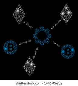 Bright mesh cryptocurrency network nodes with glow effect. Abstract illuminated model of cryptocurrency network nodes icon.