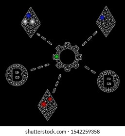 Bright mesh cryptocurrency network nodes with glow effect. White wire frame triangular mesh in vector format on a black background. Abstract 2d mesh created from triangular lines, round dots,