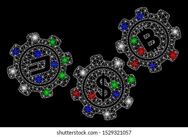 Bright mesh cryptocurrency process gears with glare effect. White wire carcass triangular mesh in vector format on a black background. Abstract 2d mesh designed with polygonal grid, points,