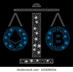 Bright mesh cryptocurrency weight with glare effect. Abstract illuminated model of cryptocurrency weight icon.
