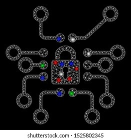 Bright mesh cryptography with glow effect. White wire frame triangular mesh in vector format on a black background. Abstract 2d mesh built from triangular lines, spheric points, colorful flare spots.