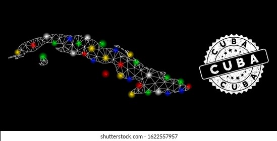 Bright mesh Cuba map with glow effect, and stamp. Wire carcass polygonal Cuba map mesh in vector format on a black background. White round stamp imprint with corroded textures.